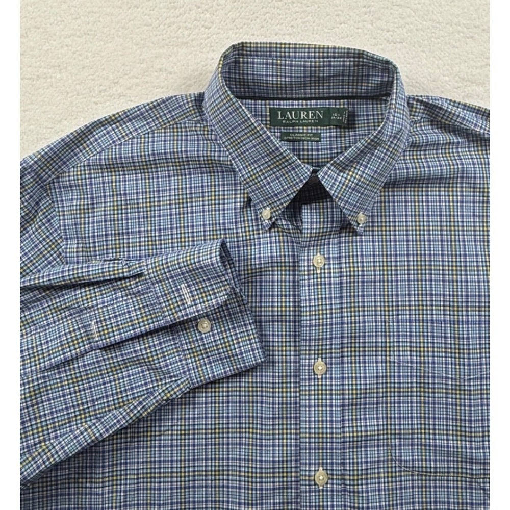 Lauren Ralph‎ Lauren Mens Blue Plaid Classic Fit Stretch Non Iron Shirt